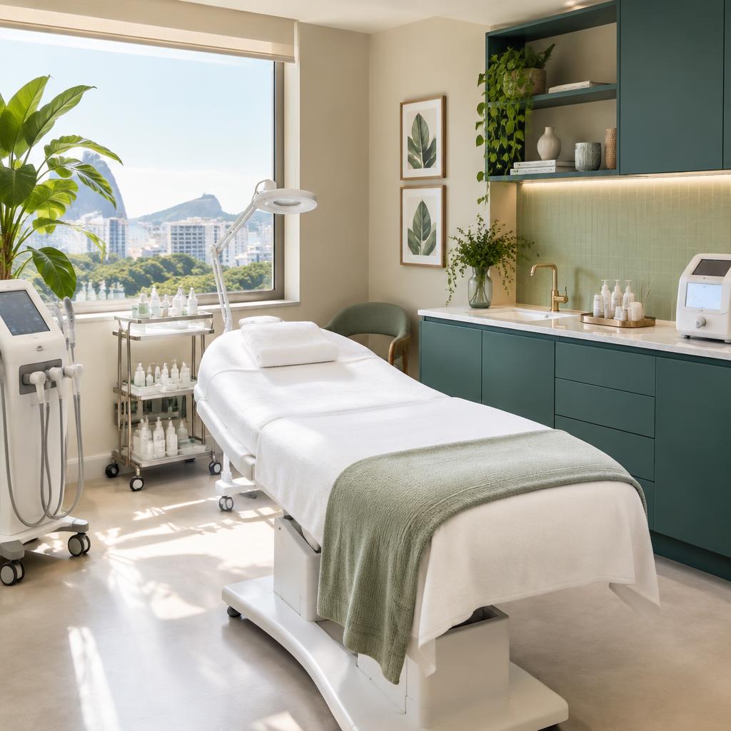 Ambiente sofisticado de estética com equipamentos e decoração verde — imagem ilustrativa